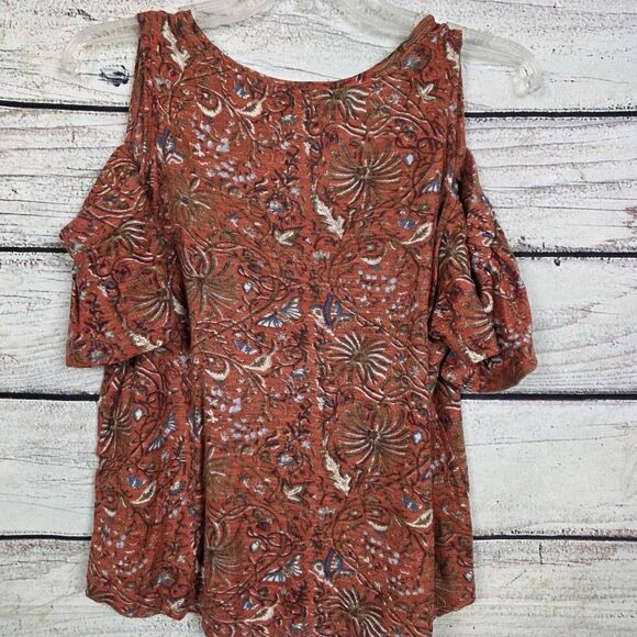 Lucky Brand Rust Floral Cold Shoulder Top S - Picture 4 of 7